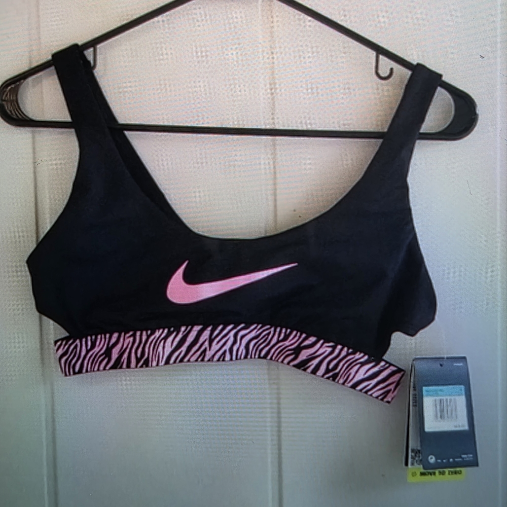 Nike Black Sports Bra Pink Swoosh & Pink Zebra Medium New